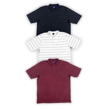 Imagem de KIT Masculino 3 Peças  - Camisa Polo Listrada Preto, Vinho e Branca - 