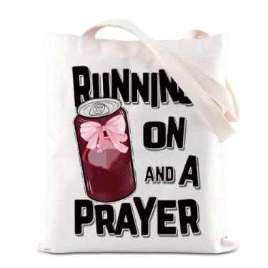 Imagem de TGBJE Pink Bow Soda Gift Soda Lover Tote Bag Soda Drinking Addict Gift Running On Soda And A Prayer Shopping Grocery Bag, Bolsa de oração de corrida