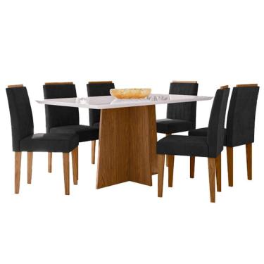 Imagem de Mesa de Jantar Anitta 160x90 cm com Vidro Ype Off White e 6 Cadeiras Ana Ype Veludo Preto – New Ceval