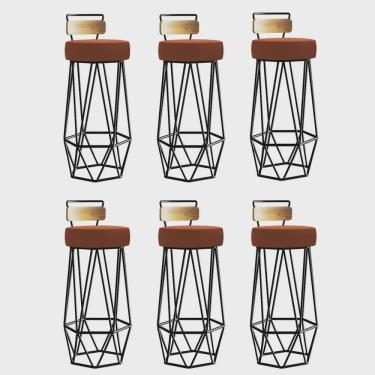 Imagem de Kit 06 Banqueta Com Encosto Botti Hexágono Cozinha Peroba Rosa Ferro Preto Corino Laranja - Ahz Móveis