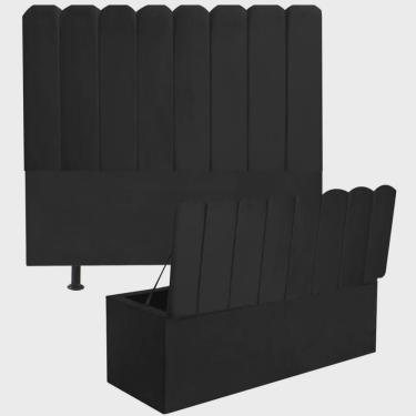Imagem de Kit Cabeceira Estofada e Calçadeira Baú Recamier Dallas 90cm Solteiro Corino Preto - Ahz Móveis