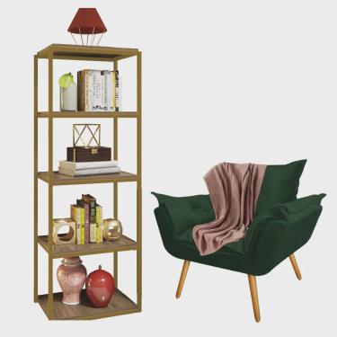 Imagem de Kit Poltrona Fatte com Manta Soft Salmão e Estante Livreiro Ferro Dourado mdf Rústico S...