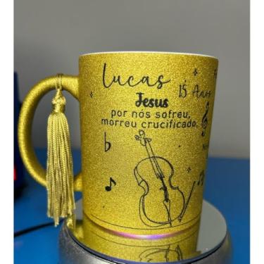 Imagem de CCB Caneca Congregação Cristã No Brasil Hino e Instrumento Glitter Dourada