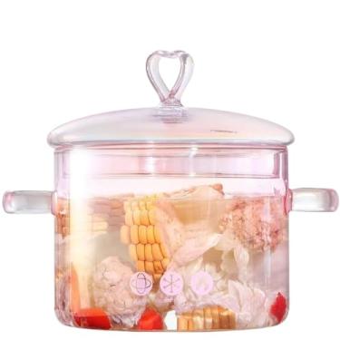 Imagem de Panela caçarola de vidro rosa de 1,5 L, 1500 ml, panela de vidro, tampa em forma de coração, fácil de limpar, resistente ao calor, segura para forno, gás, fogões elétricos e máquinas de lavar louça