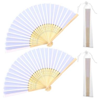 Imagem de 2 peças de ventilador de mão dobrável, tecido de nylon branco vintage retrô ventiladores de tecido ventilador portátil chinês/espanhol ventilador dobrável para homens/mulheres, lembrancinha de festa