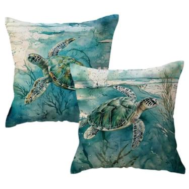 Imagem de ULOVE LOVE YOURSELF Capa de almofada decorativa de tartaruga marinha azul turquesa estilo mediterrâneo tema oceano mar 45 x 45 cm, 2 pacotes de decoração de casa de praia costeira