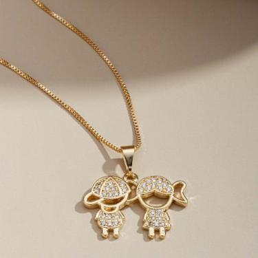 Imagem de Colar Pingente Casal de Filhos cravejados (Filhos), Semijoia, Ouro 18K