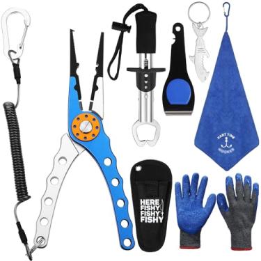 Imagem de VioraWhite Kit de 8 ferramentas de pesca, conjunto de removedor de anzol, inclui alicates de pesca, garra de lábio de peixe, tesouras multifuncionais, luvas de pesca, chaveiro e gancho para homens e