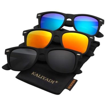 Imagem de KALIYADI Óculos de sol polarizados para homens e mulheres com acabamento fosco, lentes espelhadas coloridas, bloqueio UV (pacote com 3), Preto/Verde Azul/Laranja, Medium