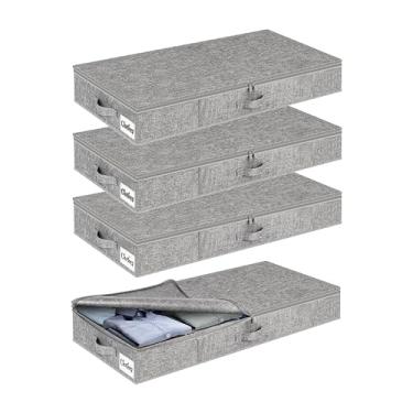 Imagem de Kukikan Pacote Com 4 Recipientes Para Armazenamento Embaixo Da Cama, Organizador Fino De Perfil Baixo Roupas Dormitório E Casa, Uso Cobertores Brinquedos, Caixa Fundo/Laterais Resistentes, Tecido Gr