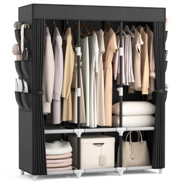 Imagem de VTRIN Armário Portátil, Para Pendurar Roupas Com Capa, 3 Hastes Pendurar, 6 Prateleiras De Armazenamento E Bolsos Laterais, Tubo Metal 19 Mm Diâmetro, Independente Quarto, Preto