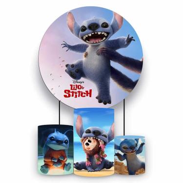 Imagem de Kit Painel de Festa Redondo de 1,80m e Trio de Cilindros Lilo Stitch - Fera Print