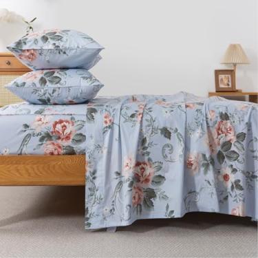 Imagem de FADFAY Lençol de cama solteiro GG floral para faculdade algodão percal rosa e branco com estampa de flores pequenas, vintage, campo, chique, dormitório, lençol com elástico alto, 4 peças