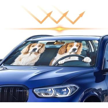 Imagem de TXWWXT Protetor solar de carro para cocker spaniel inglês, para-sol de para-brisa de ajuste universal para carros, SUVs, proteção UV e protetor solar automotivo dobrável resistente ao calor, desenho