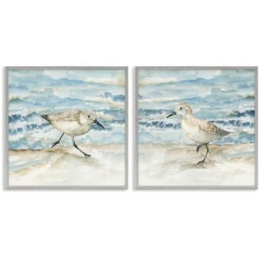 Imagem de Stupell Industries Sandpipers Treading Beach Shore Conjunto de arte giclée emoldurado cinza de 2 peças, design por Nan, 12 x 12
