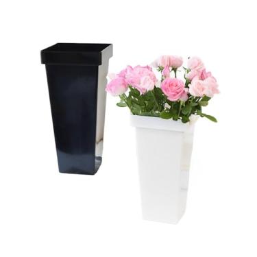 Imagem de Pacote com 6 baldes de flores de plástico quadrados de 33,4 cm - vasos florais modernos para flores de corte, centros de mesa, decoração de casa, escritório e casamento (branco/preto) (6, branco/preto