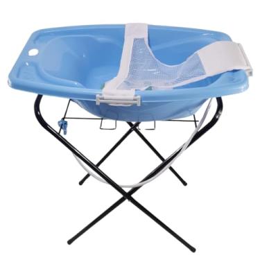 Imagem de BANHEIRA PARA BEBÊ 25 LITROS COM VÁLVULA SUPORTE E REDE ROSA AZUL BRANCA (Azul + Suporte Preto)