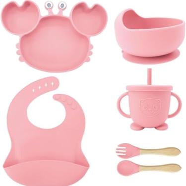 Imagem de Kit Introdução Alimentar Bebê 8 Peças Silicone Seguro Sem Pontas para Alimentos Livre de BPA Atóxico Antibacteriano Garfo, Colher, Copinho, Babador, Pote e Pratinho Criança 6 Meses Premium (Rosa)