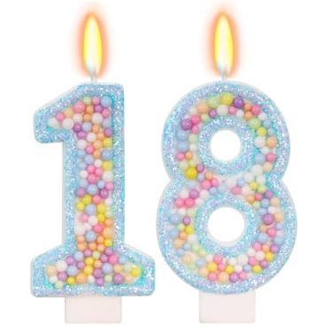 Imagem de FAMGift Velas azuis de aniversário – vela número 18, velas coloridas de macaron, decorações de aniversário de 18 anos para meninas e meninos, decorações de bolo, suprimentos de festa temática (azul)