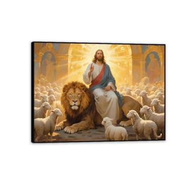 Imagem de Leão de Judá, arte de parede, impressão em tela, Jesus sentado em um leão, pôster para salas de oração em casa, sala de estar, arte inspirada no símbolo de Jesus Cristo, 50 x 40 cm (20 x 16 pol