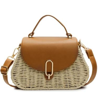 Imagem de Lifenanny Bolsa feminina pequena de palha retrô em tecido de vime com aba e bolsa de ombro transversal para férias de verão na praia, Bege