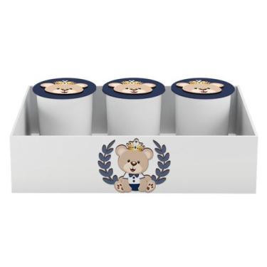 Imagem de Trio de Potes e Bandeja Kit Higiene MDF Urso Coroa Menino - Neném na N
