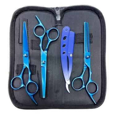 Imagem de Kit 3 Tesouras Fio Navalha Desfiadeira Profissionais Para Cabeleireiro/Barbeiro (Azul)