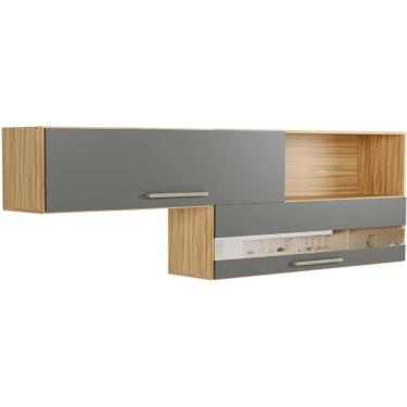 Imagem de Módulo Cozinha Ronipa Carménère c/ 2 Portas Basculante (1 c/ Vidro) e Nicho 200cm Amendoa/Grafite-Ronipa