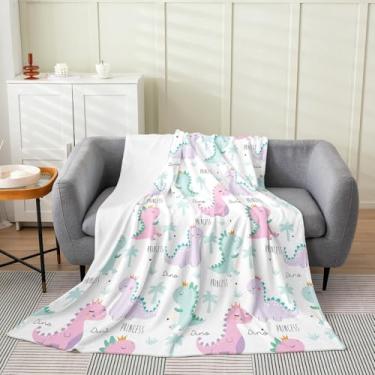 Imagem de Erosebridal Cobertor Infantil De Dinossauro Para Meninas, Manta Kawaii Dino Princesa Lã Leve Desenho Animado Aquarela Pintado À Mão Flanela Decoração Quarto Meninos Selva Animal Felpudo Roxo,