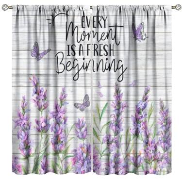 Imagem de Cortinas de lavanda boho, arte aquarela roxa borboleta floral decoração rural tábua de madeira padrão tratamentos de janela, cortinas blackout com bolso para varão para sala de estar, quarto, cozinha