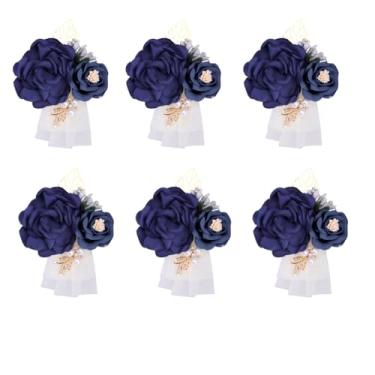Imagem de IUTZCAXU Conjunto de 6 peças de corpete de pulso de casamento azul marinho floral para madrinha de casamento, flores artificiais para formatura, festa de formatura