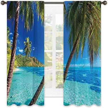 Imagem de Cortina de isolamento térmico oceânico, imagem de uma ilha tropical com palmeiras e estampa de tema de praia de mar transparente, para sala de estar ou quarto, L 106 x C 211 cm, azul turquesa