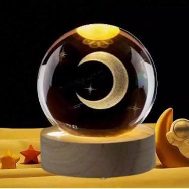 Imagem de Luminária Bola de Cristal, Mesa Sistema Solar Saturno Lua Galáxia LED Base Madeira Enfeite Decorativo Casa(Meia lua)