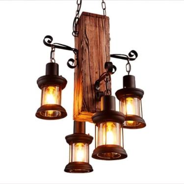 Imagem de Lâmpada Pendente Lustre Industrial E27 Lâmpada Suspensa De Madeira Corredor Sala De Estar Bar Restauts Cafe Club Luz De Teto Decorativa Iluminação Interna Externa Ajustável Em Altu, 4 heads