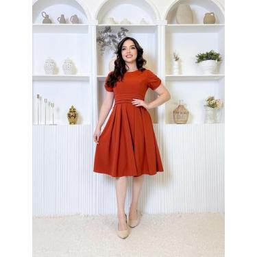 Imagem de Vestido Feminino Adulto Alfaiataria Gola Redonda Saia Plissada Clássic