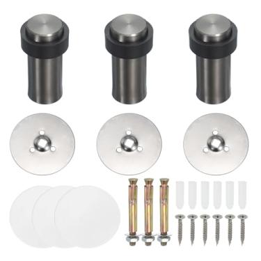 Imagem de PATIKIL 3 conjuntos de batentes de porta redondos, batente de porta de aço inoxidável de 80 mm cunha cilindro de metal autoadesivo com parafuso para parte inferior do piso da porta interna, tom