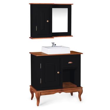 Imagem de Gabinete para Banheiro com Cuba e Armário Espelheira Dália 3064 - Preto/Imbuia Glazer