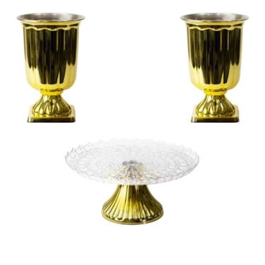 Imagem de Kit Decoração Festa 1 Boleira Cake Renda Esmeralda + 2 Vasos Grego Gold Linha Gold (DOURADO)