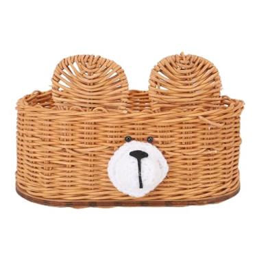 Imagem de Fockety Rattan Tissue Box Cover, Urso Bonito Decorativo Tecido Guardanapo Titular Dispenser Decorativo Guardanapo Dispenser para Banheiro Cozinha Home Office (caqui)