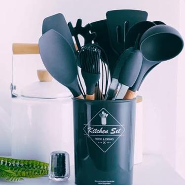 Imagem de Kit Utensílios de Cozinha 12 Peças em Silicone com Cabo de Madeira, Suporte Organizador, Resistente ao Calor, Antiaderente, Sortido