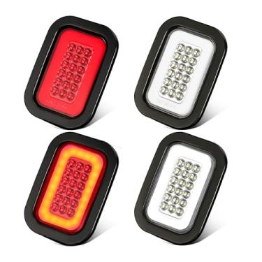 Imagem de Partsam 4x 5x3 Inch Rectangle Halo Stop/Turn/Tail/Brake & Backup Reverse Flatbed Truck Trailer Tail Hitch Lights 42 LED w/Grommets & 3 Wire Pigtail Plug Kit Waterproof (2xRed+2xWhite)