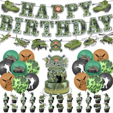 Imagem de Conjunto de 44 peças de decorações de festa de aniversário militares, tema do exército com bandeira, balões, topo de bolo e cupcake, design de camuflagem