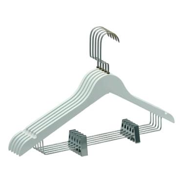 Imagem de Kit 10 Cabides de Madeira Brancos com Presilha e Gancho Luxo Prata – Antiderrapante, Reforçado e Elegante para Camisa, Calça, Vestido e Jaqueta