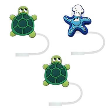 Imagem de STRACOUPI Tampa de palha de silicone tartaruga verde e estrela do mar para copos Stanley, acessório decorativo reutilizável, pacote com 3