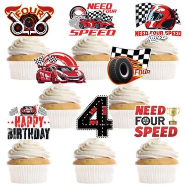 Imagem de MOIZYNG 40 PCS Need Four Speed Birthday Decorations, Checkered Flag Race Car Cupcake Toppers, Happy 4th Birthday Decorations for 4 Years Old Boys Racing Bday Party Favors Supplies