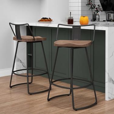 Imagem de Yongqiang Banquinhos de barra de metal giratórios de 60 cm com encosto conjunto de 2 cadeiras de bar de cozinha industrial com assento de madeira preto fosco