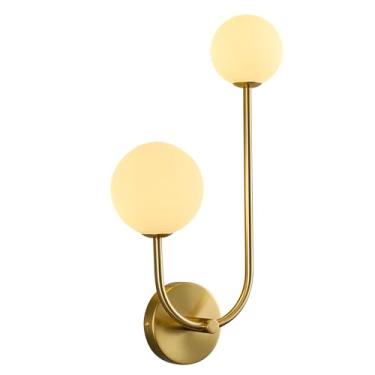Imagem de LBSQJ Luminária De Parede Dourada De 2 Luzes, Moderna De Meados Do Século, Com Globo De Vidro Leitoso, Luminária De Parede Interna Para Sala De Estar, Quarto E Corredor (Pacote Com 1)