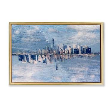 Imagem de Stupell Industries Design de arte de parede em tela flutuante emoldurada dourada do horizonte da cidade por Robin Vandenabeele, 43 x 63 cm