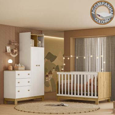 Imagem de Quarto de Bebê com Berço Mini Cama e Roupeiro com Cômoda QEncanto Slim Freijó Branco Acetinado Qmovi + Colchão Ortobom
