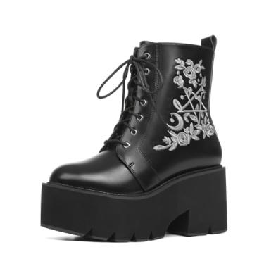 Imagem de Lyrisiphy Botas femininas góticas de cano curto, plataforma preta, com correntes punk e tachas com cadarço, botas de cunha para mulheres, rave, festivais de Halloween, Blackpu, 35